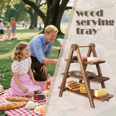 Three-tier serving tray with wooden tiers for display