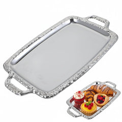 Rectangular silver serving tray showing vintage metal finish