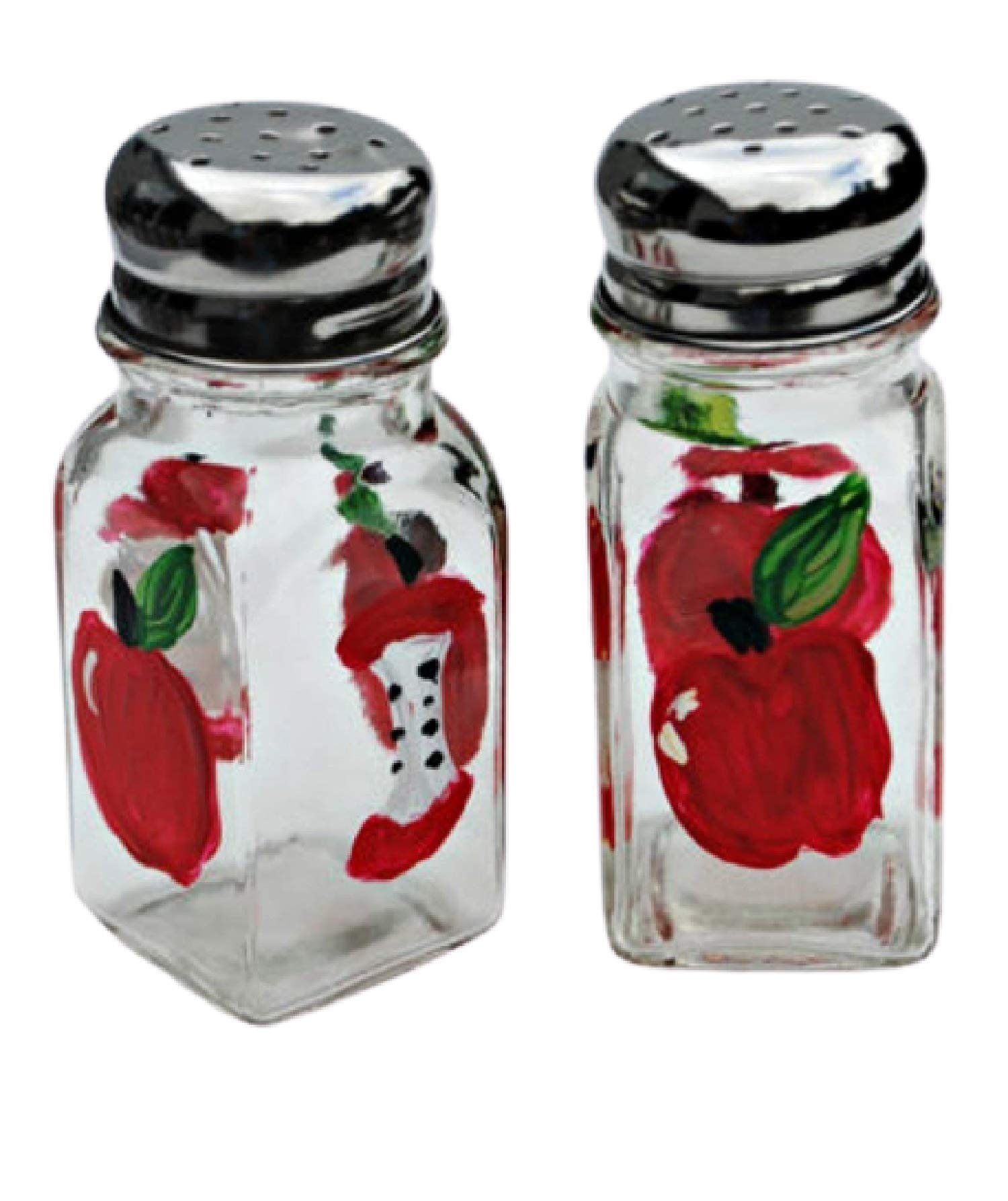 Red Apple Salt and Pepper Shaker Set hand painted glass with silver tops