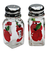 Red Apple Salt and Pepper Shaker Set hand painted glass with silver tops