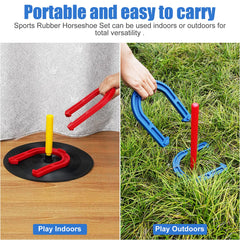 Red and blue horseshoes with yellow indoor stakes