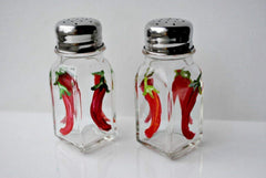 Hand painted salt and pepper glass shaker artwork by artist