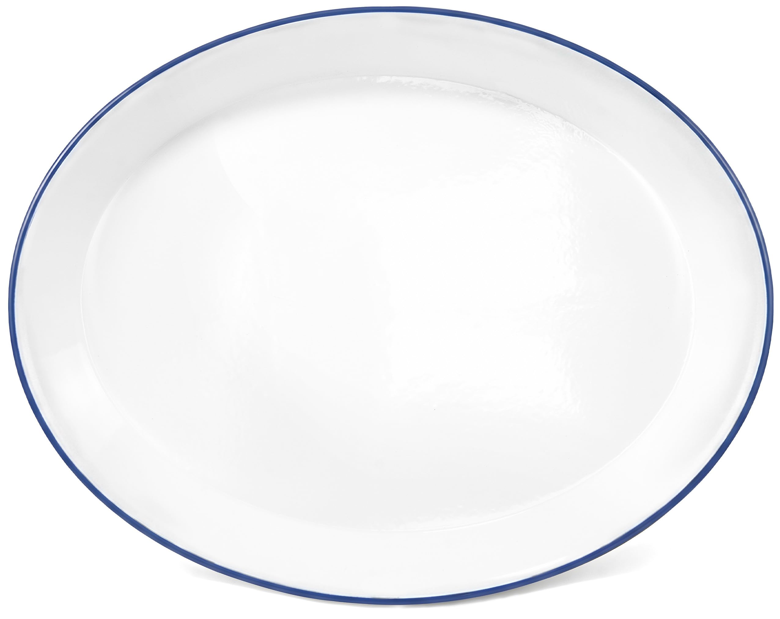 Red Co enamelware serving platter with white and navy rim