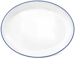 Red Co enamelware serving platter with white and navy rim