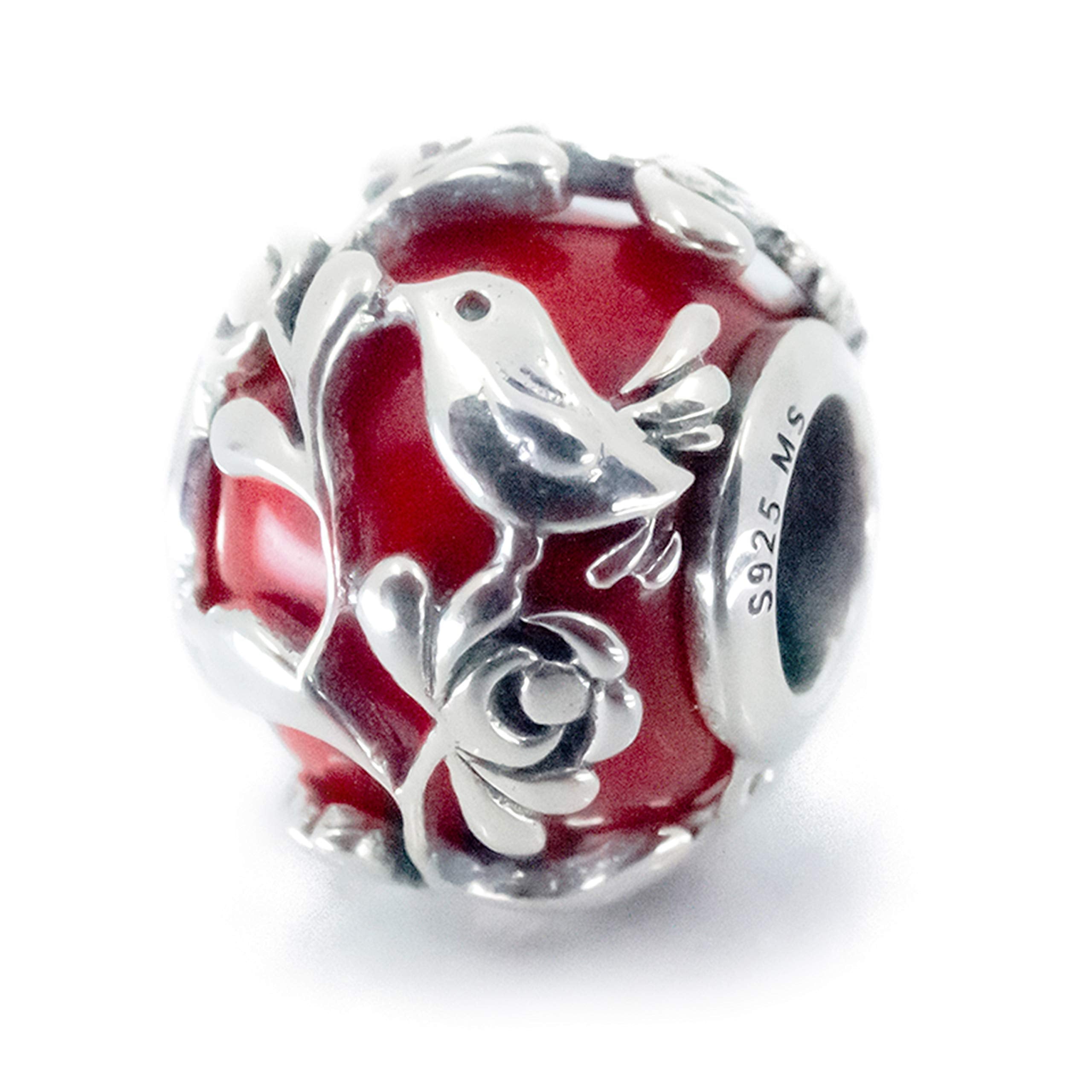 Red Glass Sterling Silver Charm Bead with Love Bird motif