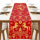Red Gold Happy Chinese New Year Table Runner in linen-blend fabric 13x48 inches