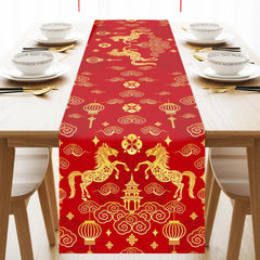 Red Gold Happy Chinese New Year Table Runner in linen-blend fabric 13x48 inches