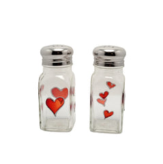 Red Hearts Hand Painted Glass Salt and Pepper Shakers with silver tops
