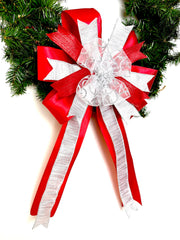 Bow uses 2.5 inch red satin wired ribbon and 2.5 inch silver glitter wired ribbon