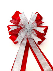 Red and Silver Wreath Bow 12 inch wide with four tails