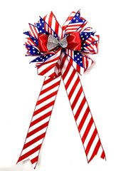 Red White Blue striped sparkle ribbon bow for Americana decor