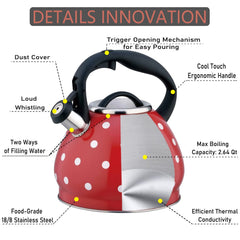 Red and white polka dot kettle on stovetop
