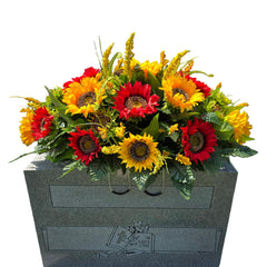Red and yellow sunflower cemetery saddle on metal frame