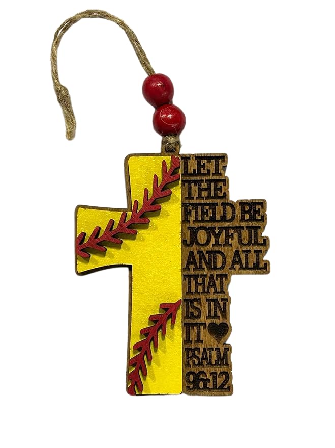 Religious Softball Christmas Tree Ornament wood laser engraving close up