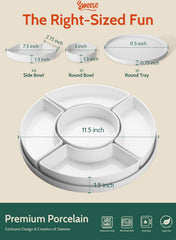 Relish tray with four bowls around central condiment bowl on white porcelain