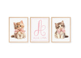 Rella kitten wall art set two kittens with pink bows personalized with baby's name and initial