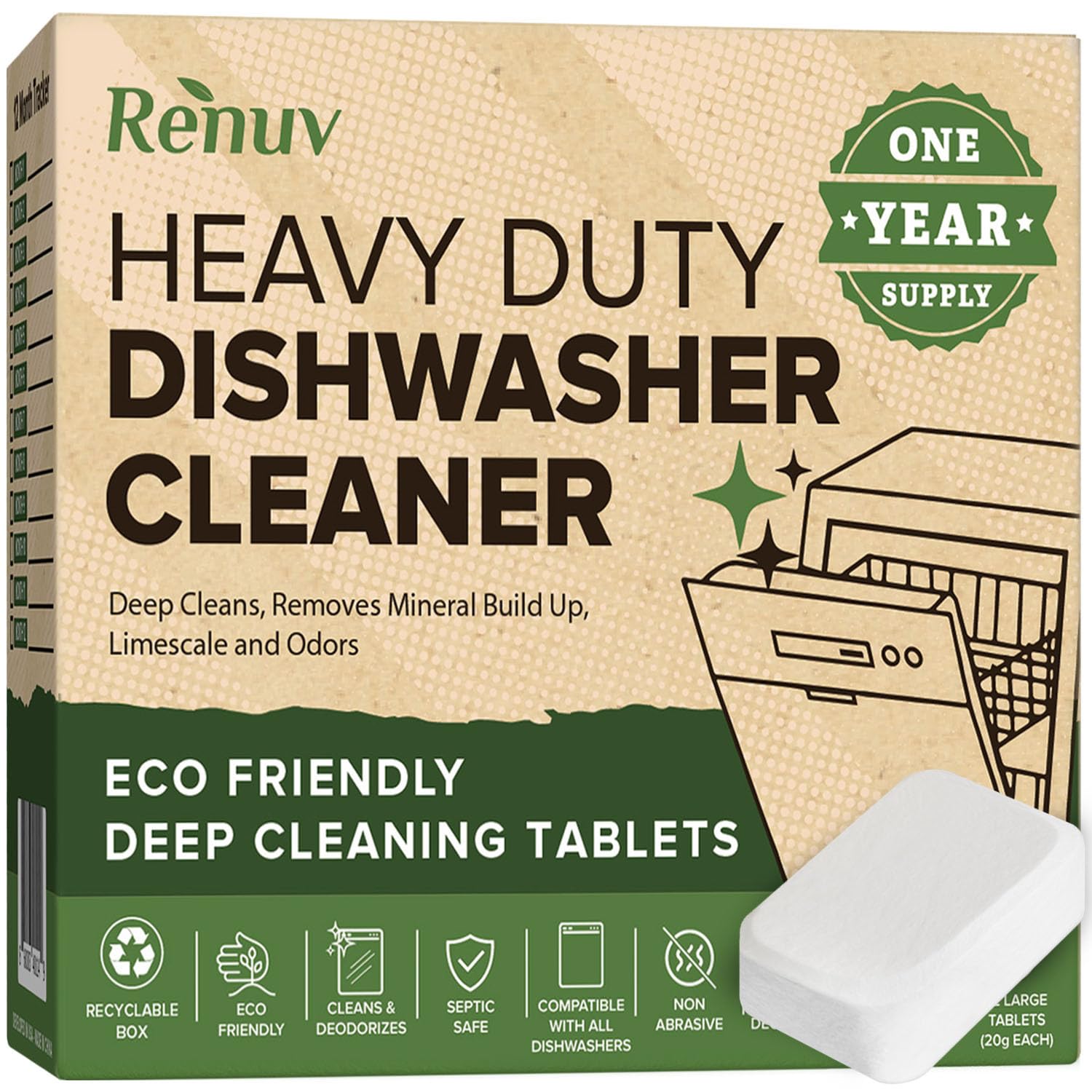 Renuv Heavy Duty Dishwasher Cleaner XL tablets packaging