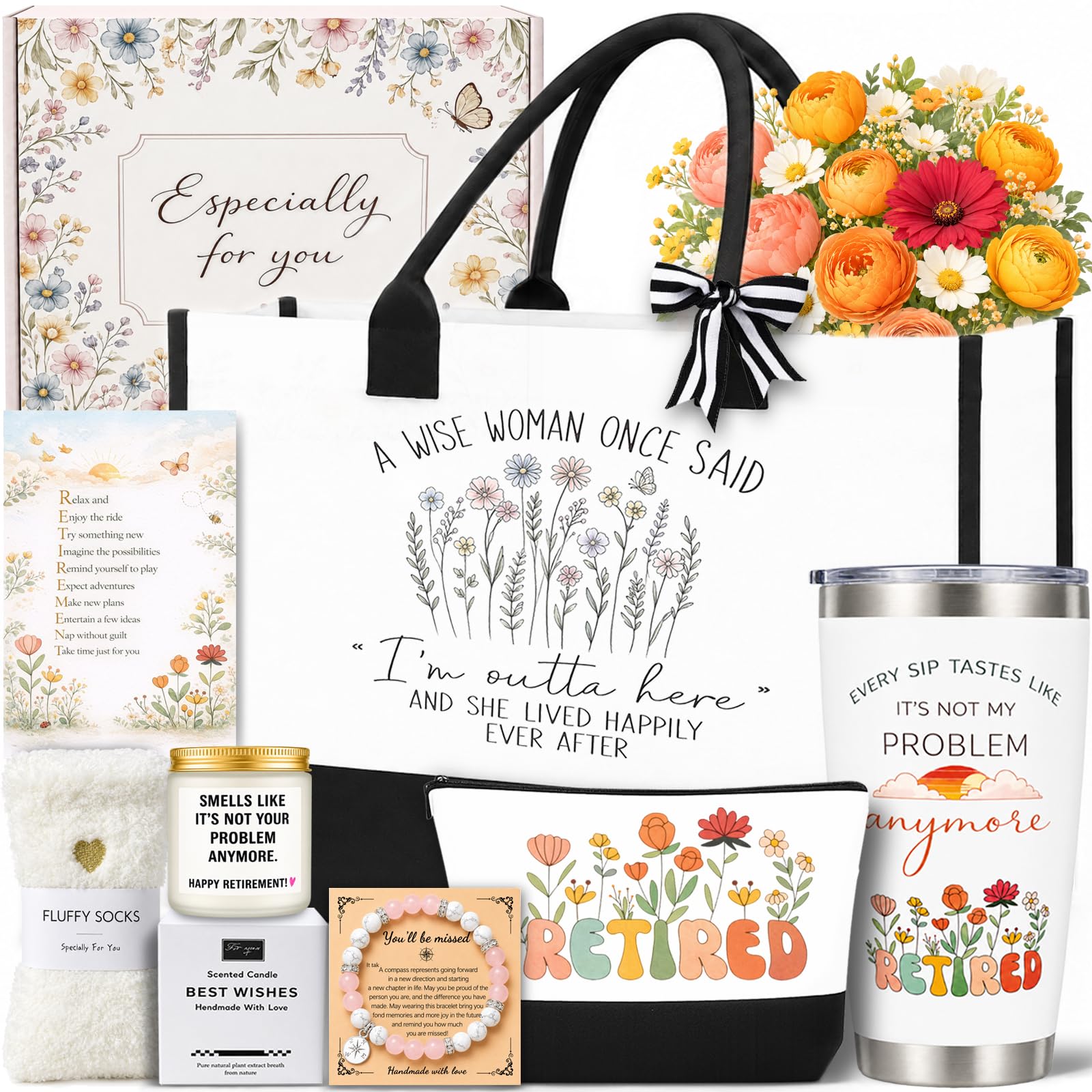 8 piece retirement gift basket for women including tote bag