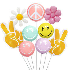 Retro Groovy Party Balloons set featuring peace sign and smiley daisies