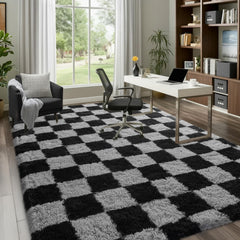 Rezutan checkered black grey rug non-slip backing