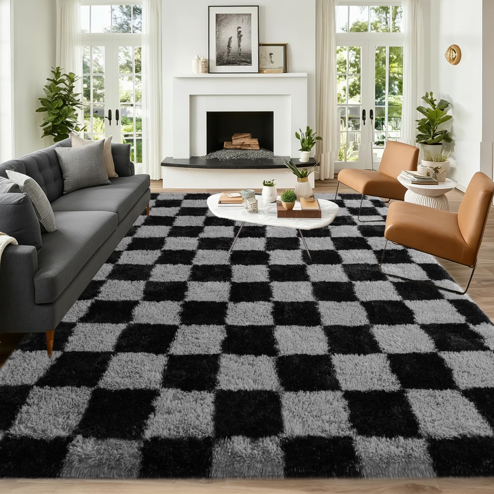 Rezutan fluffy plush shag rug 6x9 checkered black grey