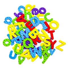 Five bright colors on magnetic letters green blue orange red yellow