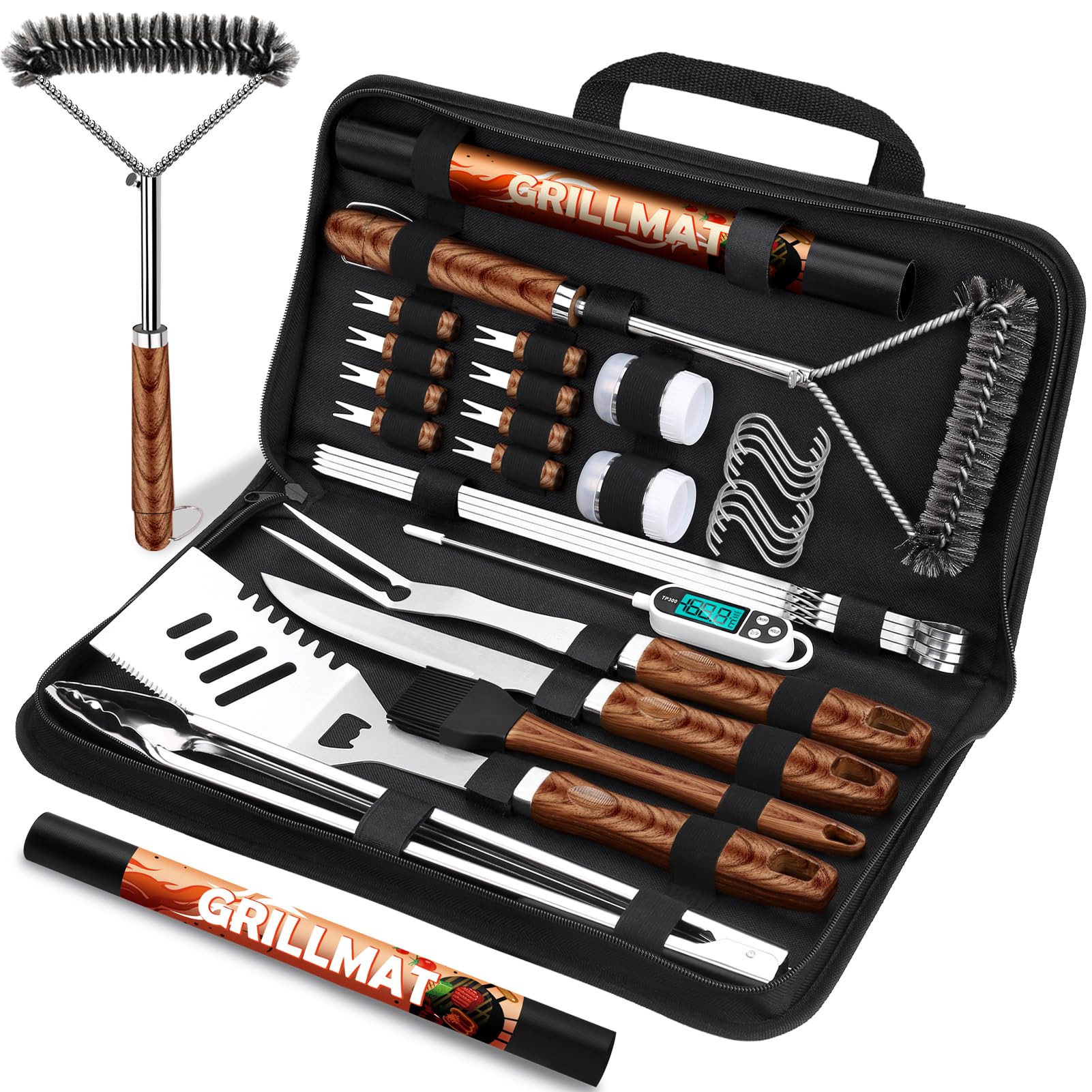 RINPIR 31Pcs stainless steel BBQ set with carrying bag in brown