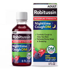 8 oz bottle of Robitussin Maximum Strength Nighttime Cough DM berry flavor