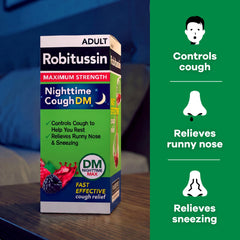 Nighttime berry flavored cough medicine packaging Robitussin