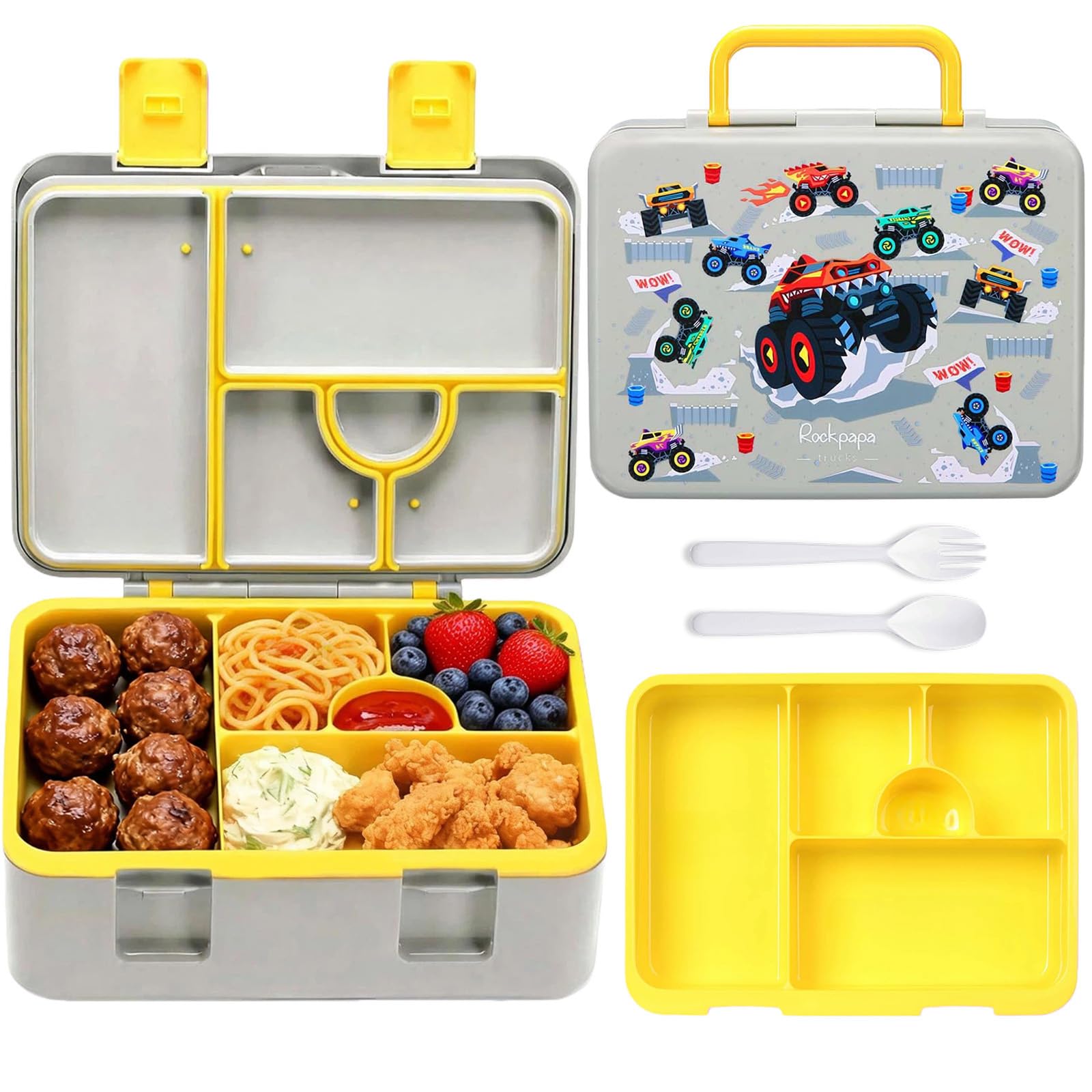 rockpapa bento lunch box for kids with 5 compartments and Trucks design