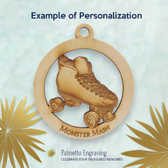 Roller derby christmas ornament crafted from natural wood