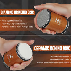 Rolling Knife Sharpener Kit with diamond and ceramic discs close up