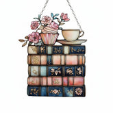 Romantic Book Stack Faux Stained Glass Suncatcher with teacup roses and vintage books