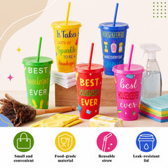 Close up of 24 oz Romooa housekeeping cup with lid and straw
