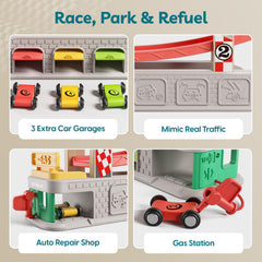 Rooftop parking lot feature in car ramp toy