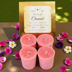 Rose Quartz chip in each Archangel Chamuel votive candle