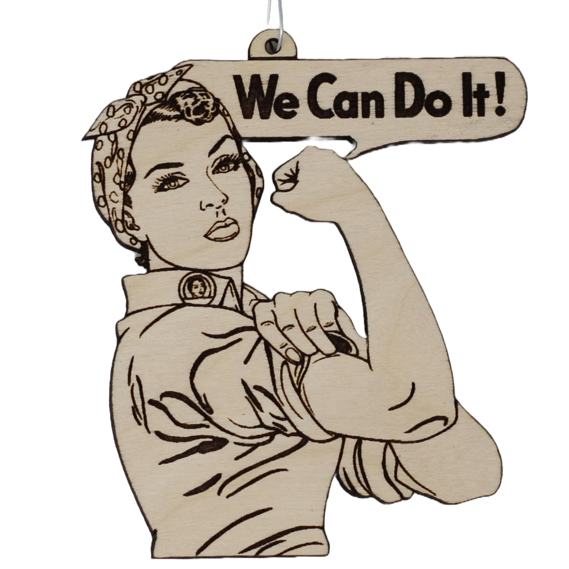 Rosie The Riveter Christmas Ornament made from birch wood in a 4x2 inch size