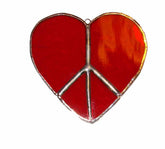 Ruby Red Heart Peace Sign ornament handmade from translucent stained glass