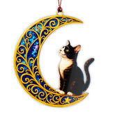 RUSATEN MoonCat Ornament 2025 tuxedo cat on golden crescent moon
