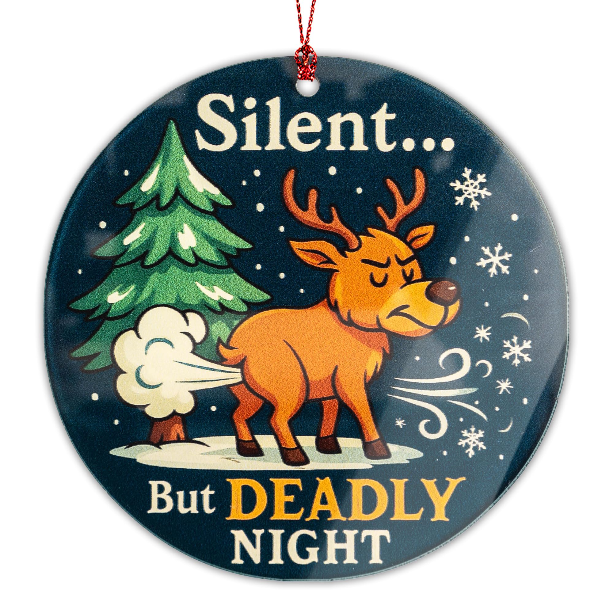 RUSATEN Reindeergag1 ornament closeup with vibrant holiday colors