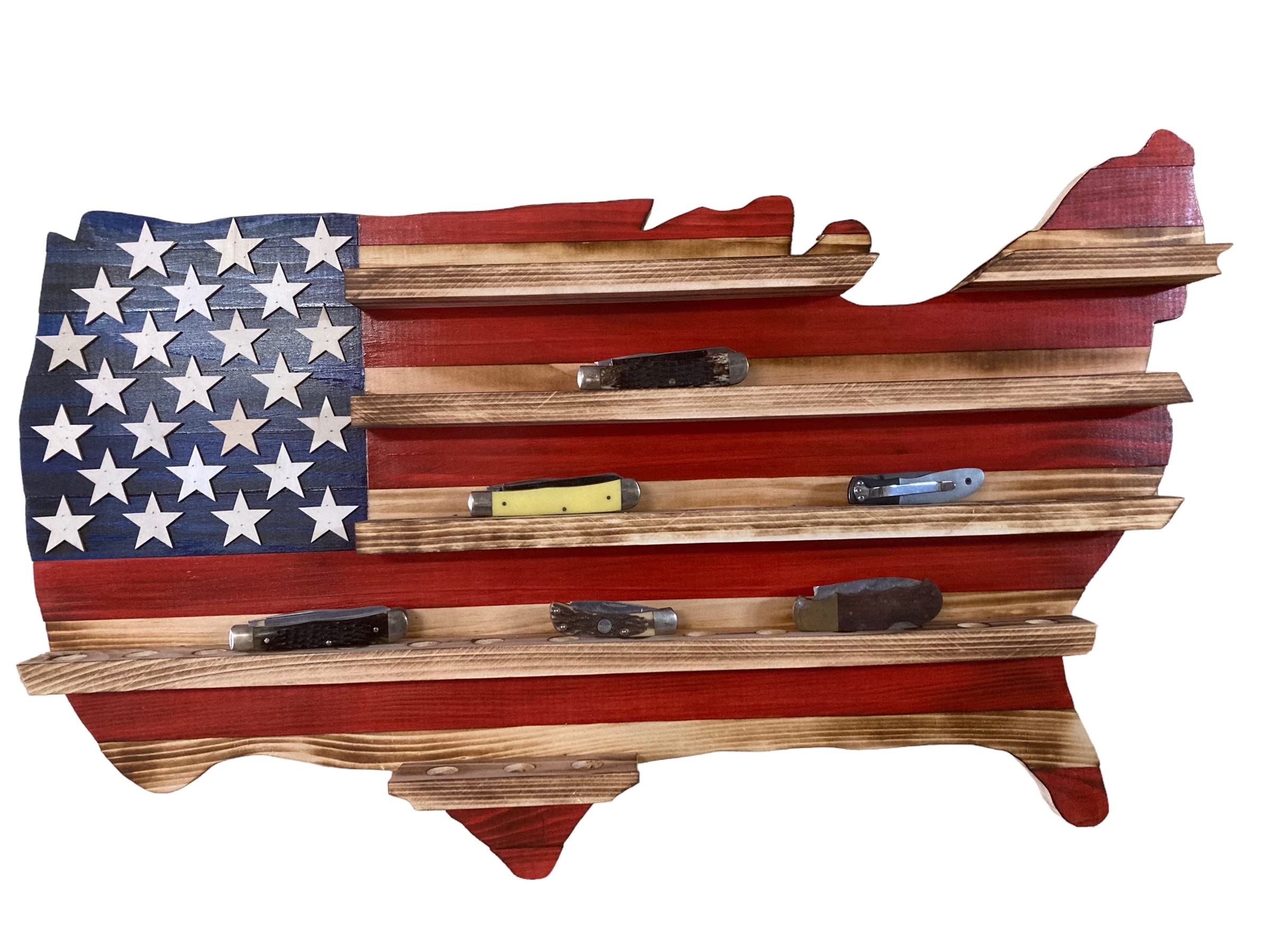 Rustic American USA Flag Knife Display wall hanging with back-mounted d-rings