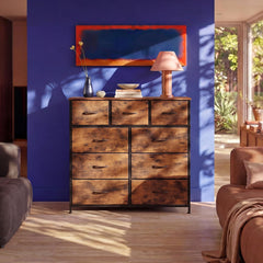 Rustic brown WLIVE dresser showing 9 deep drawers