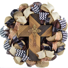 Rustic door wreath with Easter cross mesh for front door decor