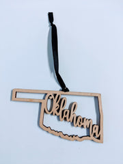 Rustic wood Oklahoma ornament with black ribbon 2.5 inch height