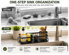 Soap dispenser storage on open-wire carbon steel caddy beside sink