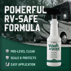 RV exterior wash soap applied to fiberglass RV surface