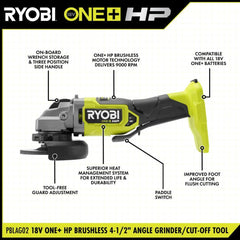 Ryobi cordless angle grinder 4-1/2 in 18V brushless kit with battery A