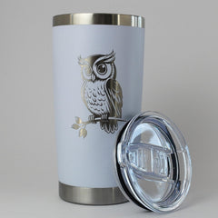 Owl Tumbler 20 oz sliding lid close up with stainless steel body