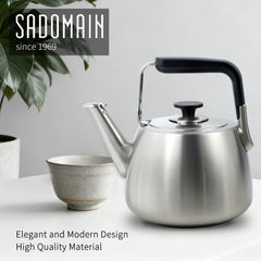 Whistling SADOMAIN tea kettle on stovetop ready to boil