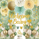 Full Sage Green Baby Shower Decorations set with banner and toppers